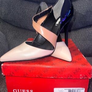 Guess Two-Tone Black and Cream Heels with Tan Strap